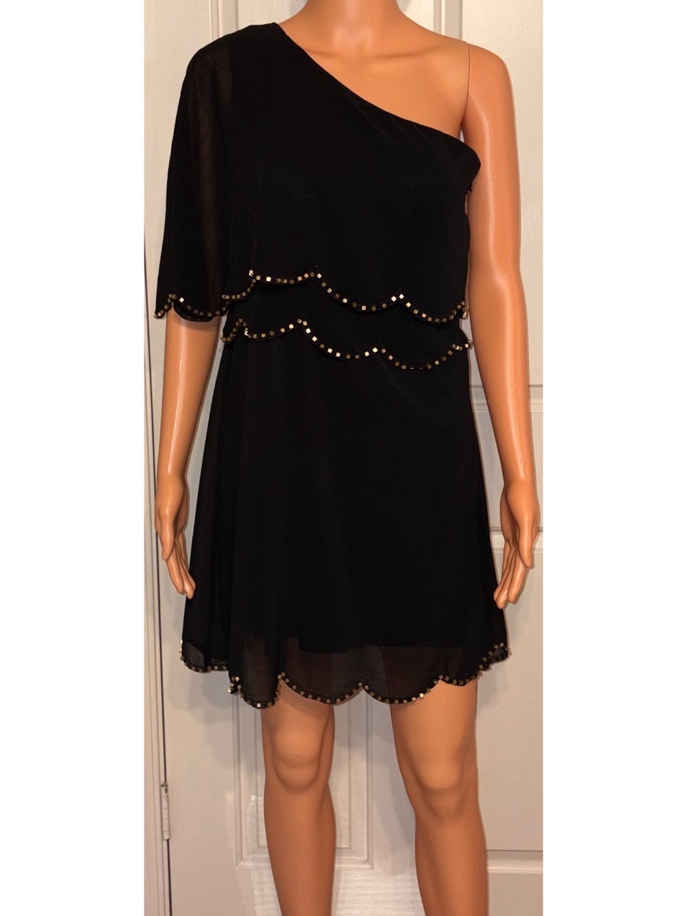 Foreign Exchange Black One-Shoulder Cocktail Dress with Gold Bead Trim.